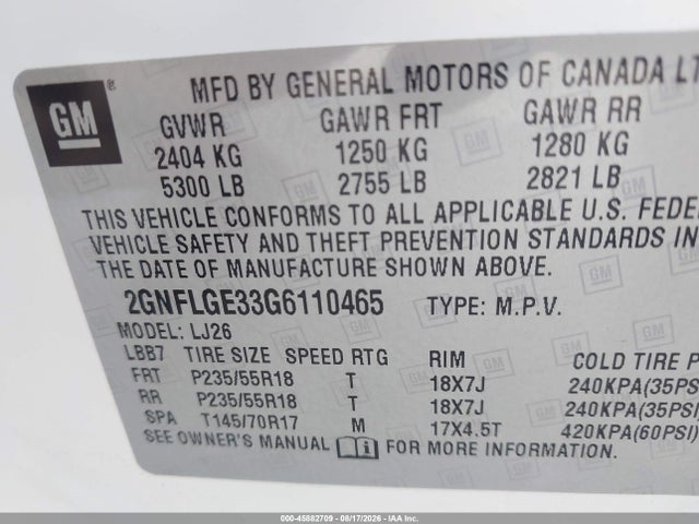 2016 Chevrolet Equinox Ltz მანქანა იყიდება აუქციონზე, vin: 2GNFLGE33G6110465, აუქციონის ნომერი: 45882709