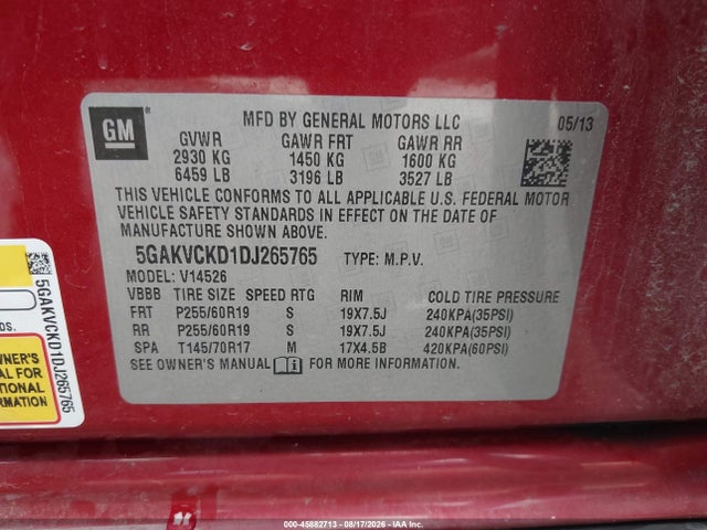 Aukcja sprzedaży 2013 Buick Enclave Leather, vin: 5GAKVCKD1DJ265765, numer aukcji: 45882713