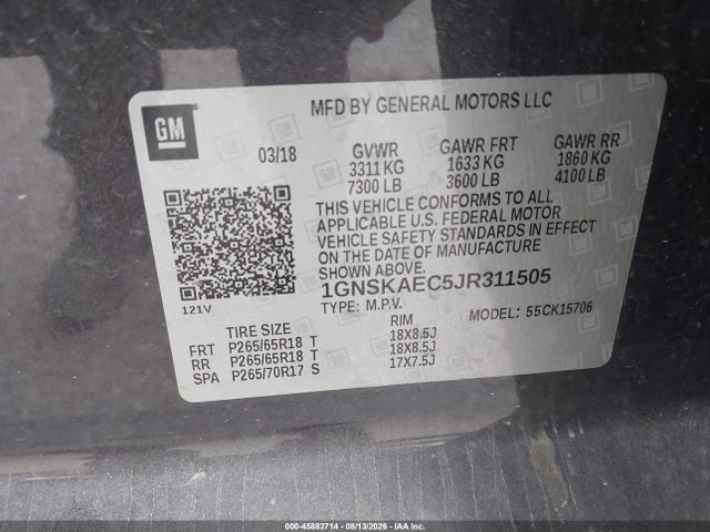 45882714 :رقم المزاد ، 1GNSKAEC5JR311505 vin ، 2018 Chevrolet Tahoe Ls مزاد بيع
