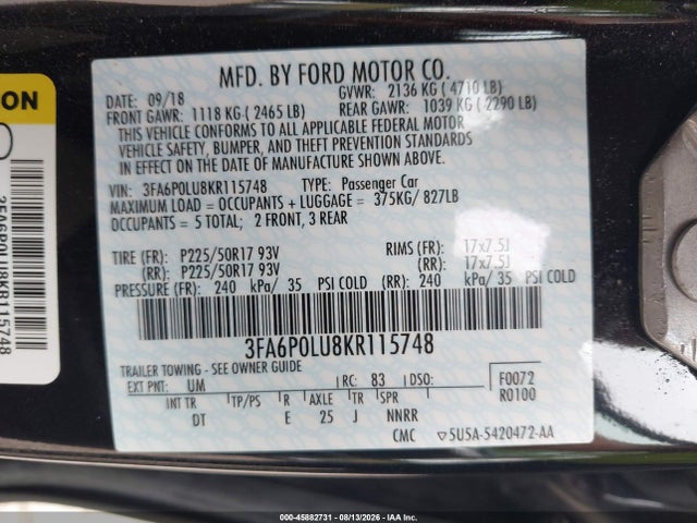 Продаж на аукціоні авто 2019 Ford Fusion Hybrid Se, vin: 3FA6P0LU8KR115748, номер лоту: 45882731