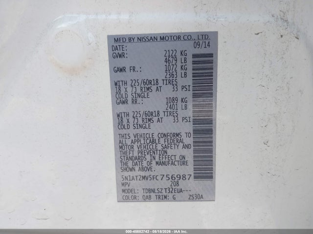 Aukcja sprzedaży 2015 Nissan Rogue Sl, vin: 5N1AT2MV5FC756987, numer aukcji: 45882742