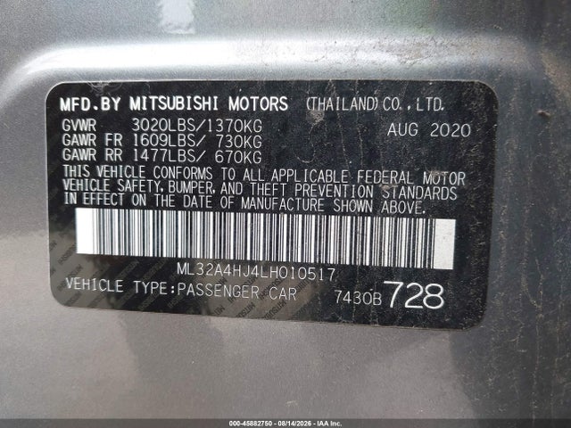 Продажа на аукционе авто 2020 Mitsubishi Mirage Se, vin: ML32A4HJ4LH010517, номер лота: 45882750