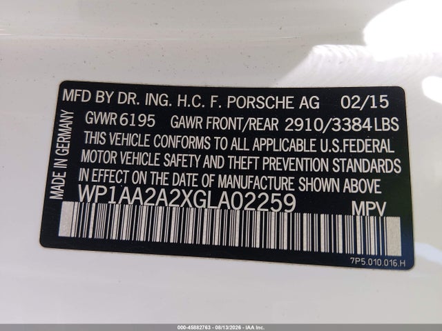45882763 :رقم المزاد ، WP1AA2A2XGLA02259 vin ، 2016 Porsche Cayenne مزاد بيع