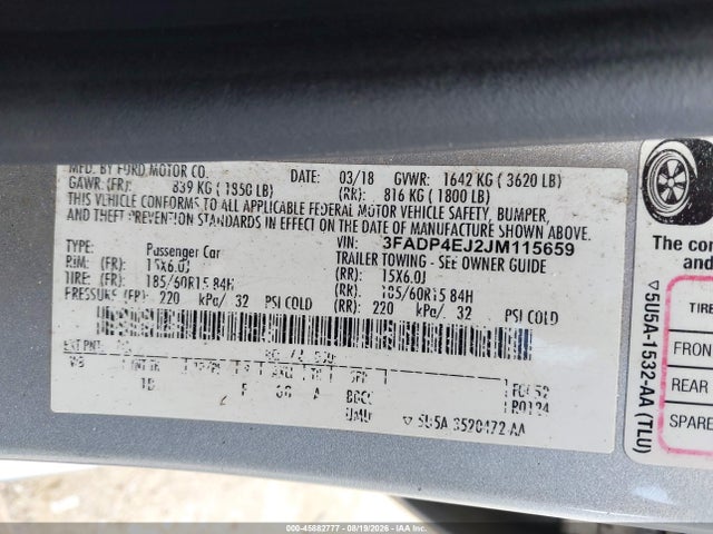 45882777 :رقم المزاد ، 3FADP4EJ2JM115659 vin ، 2018 Ford Fiesta Se مزاد بيع
