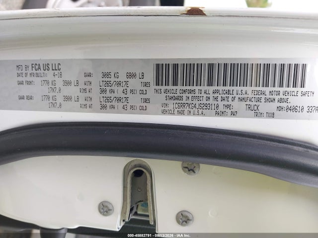 45882791 :رقم المزاد ، 1C6RR7KG4JS293110 vin ، 2018 Ram 1500 Tradesman  4x4 5'7 Box مزاد بيع