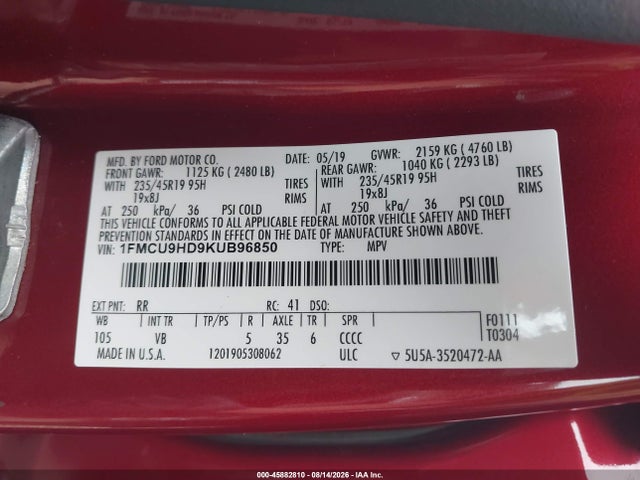 2019 Ford Escape Sel მანქანა იყიდება აუქციონზე, vin: 1FMCU9HD9KUB96850, აუქციონის ნომერი: 45882810