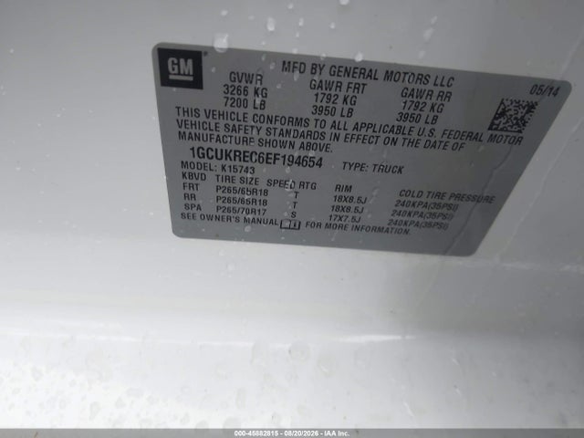 45882815 :رقم المزاد ، 1GCUKREC6EF194654 vin ، 2014 Chevrolet Silverado 1500 Lt مزاد بيع