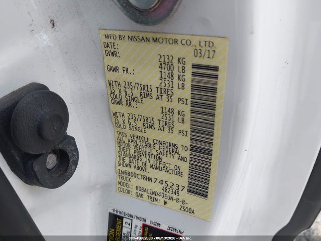 2017 Nissan Frontier S მანქანა იყიდება აუქციონზე, vin: 1N6BD0CT8HN745237, აუქციონის ნომერი: 45882830