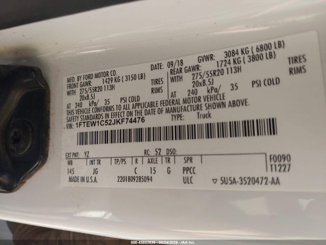 2018 Ford F-150 Xl მანქანა იყიდება აუქციონზე, vin: 1FTEW1C52JKF74476, აუქციონის ნომერი: 45882836