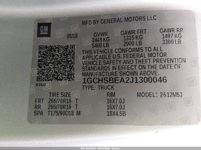 45882852 :رقم المزاد ، 1GCHSBEA2J1300046 vin ، 2018 Chevrolet Colorado Wt مزاد بيع