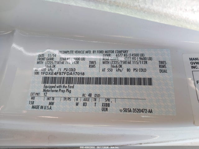 45882855 :رقم المزاد ، 1FDXE4FS7FDA17018 vin ، 2015 Ford E-450 Cutaway مزاد بيع