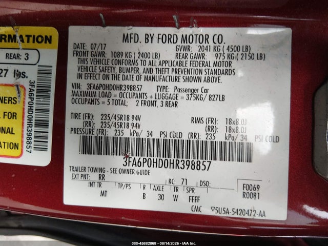 Ford FUSION SE 2017 3FA6P0HD0HR398857 Image 9