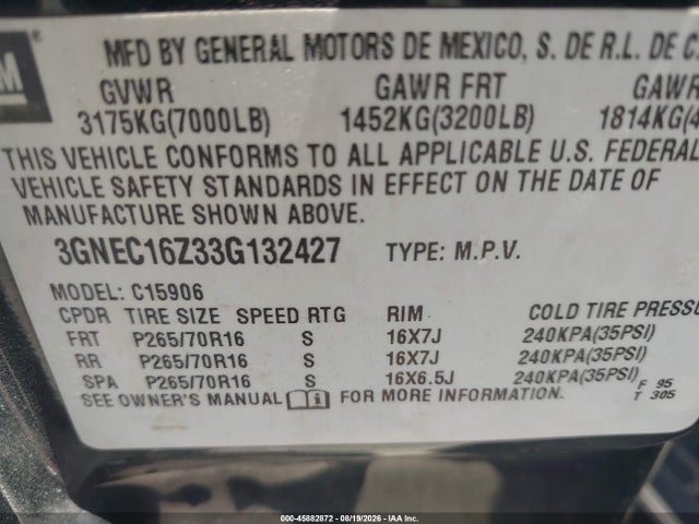 Продаж на аукціоні авто 2003 Chevrolet Suburban 1500 Ls, vin: 3GNEC16Z33G132427, номер лоту: 45882872