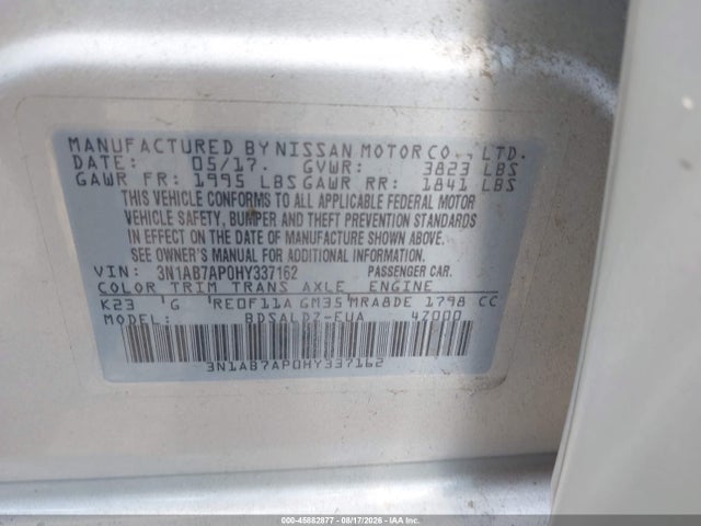 Продаж на аукціоні авто 2017 Nissan Sentra Sv, vin: 3N1AB7AP0HY337162, номер лоту: 45882877