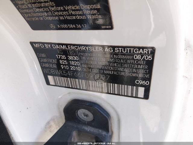 Aukcja sprzedaży 2006 Mercedes-benz Slk 280, vin: WDBWK54F66F091697, numer aukcji: 45882879