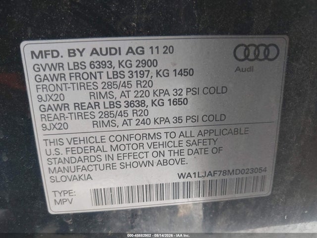 Продаж на аукціоні авто 2021 Audi Q7 Premium Plus 45 Tfsi Quattro Tiptronic, vin: WA1LJAF78MD023054, номер лоту: 45882902