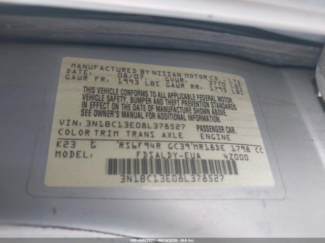 2008 Nissan Versa 1.8 S მანქანა იყიდება აუქციონზე, vin: 3N1BC13E08L378527, აუქციონის ნომერი: 45882921