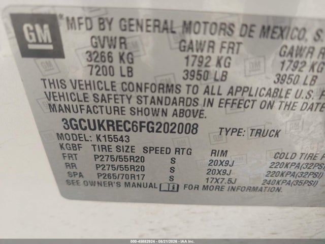 Aukcja sprzedaży 2015 Chevrolet Silverado 1500 Lt, vin: 3GCUKREC6FG202008, numer aukcji: 45882924
