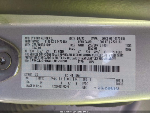 2020 Ford Escape Sel მანქანა იყიდება აუქციონზე, vin: 1FMCU9H9XLUB29090, აუქციონის ნომერი: 45882930