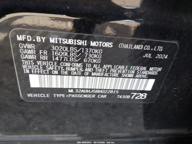 Продаж на аукціоні авто 2024 Mitsubishi Mirage Es/le, vin: ML32AUHJ5RH022815, номер лоту: 45882932
