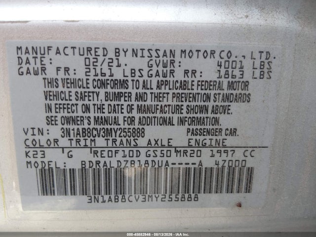 Auction sale of the 2021 Nissan Sentra Sv Xtronic Cvt, vin: 3N1AB8CV3MY255888, lot number: 45882946