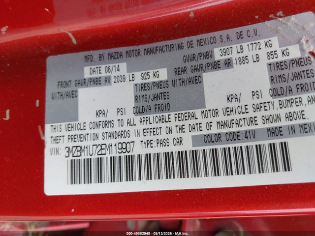 45882948 :رقم المزاد ، 3MZBM1U72EM119907 vin ، 2014 Mazda Mazda3 I Sport مزاد بيع