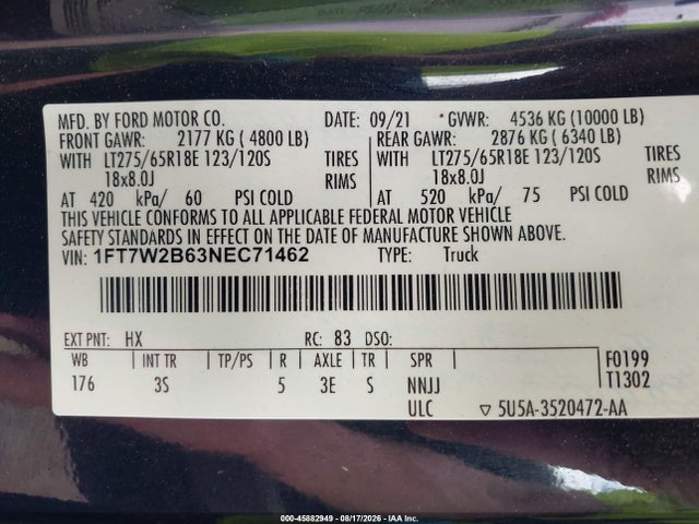 Продаж на аукціоні авто 2022 Ford F-250 Xlt, vin: 1FT7W2B63NEC71462, номер лоту: 45882949