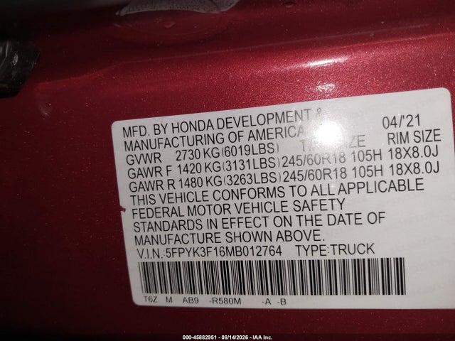2021 Honda Ridgeline Awd Sport მანქანა იყიდება აუქციონზე, vin: 5FPYK3F16MB012764, აუქციონის ნომერი: 45882951