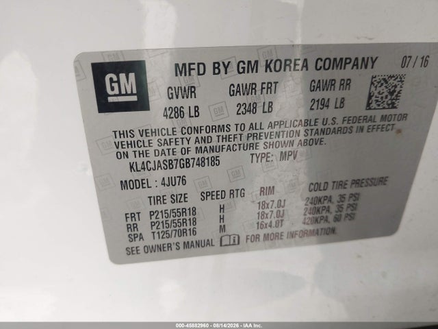 Aukcja sprzedaży 2016 Buick Encore, vin: KL4CJASB7GB748185, numer aukcji: 45882960