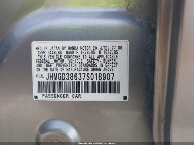 45882994 :رقم المزاد ، JHMGD38637S018907 vin ، 2007 Honda Fit Sport مزاد بيع