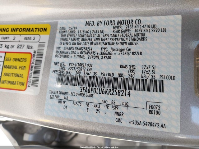 Ford Fusion Hybrid Se 2019 3FA6P0LU6KR258214 Image 9