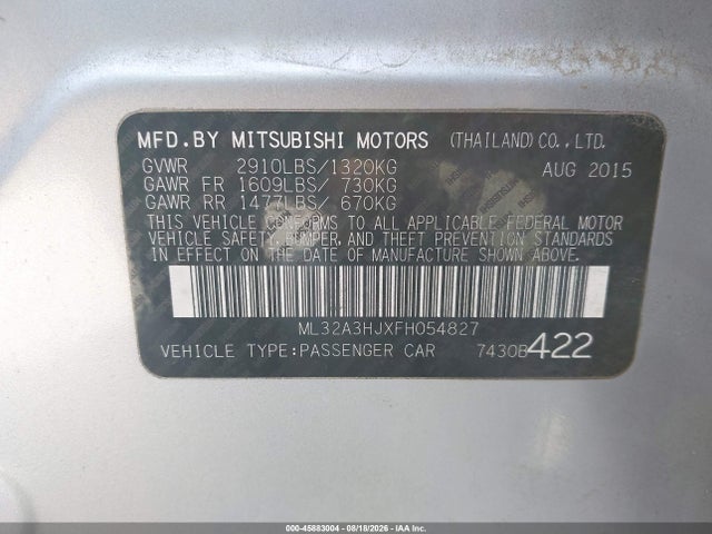 2015 Mitsubishi Mirage De მანქანა იყიდება აუქციონზე, vin: ML32A3HJXFH054827, აუქციონის ნომერი: 45883004