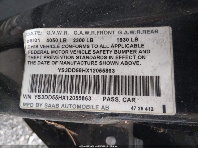 Продаж на аукціоні авто 2001 Saab 9-3, vin: YS3DD55HX12055863, номер лоту: 45883008