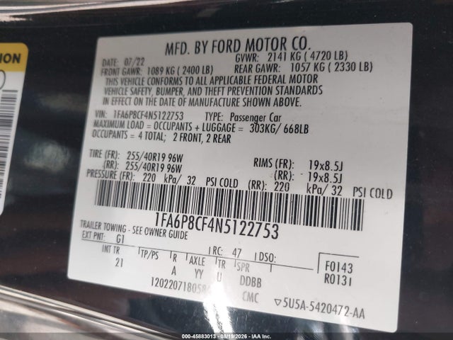 45883013 :رقم المزاد ، 1FA6P8CF4N5122753 vin ، 2022 Ford Mustang Gt Fastback مزاد بيع