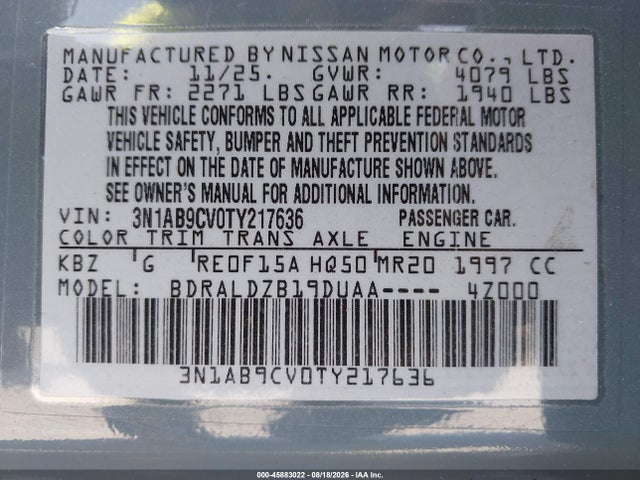 Продаж на аукціоні авто 2026 Nissan Sentra Sv, vin: 3N1AB9CV0TY217636, номер лоту: 45883022