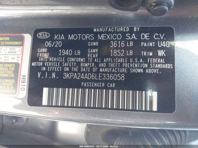 Продаж на аукціоні авто 2020 Kia Rio S, vin: 3KPA24AD6LE336058, номер лоту: 45883033