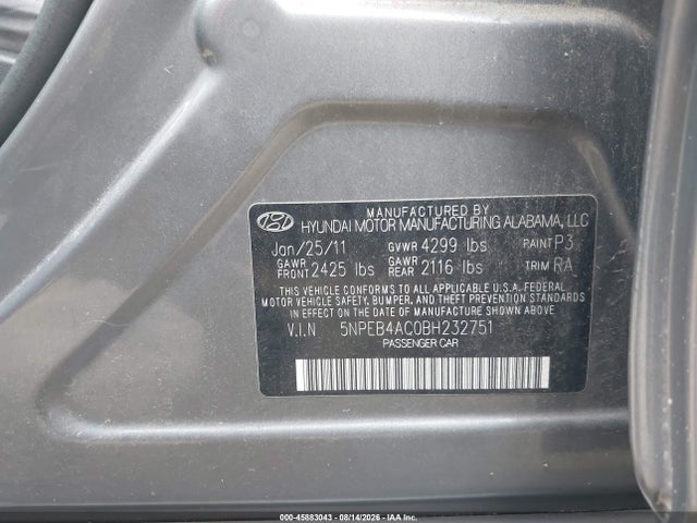 Aukcja sprzedaży 2011 Hyundai Sonata Gls, vin: 5NPEB4AC0BH232751, numer aukcji: 45883043