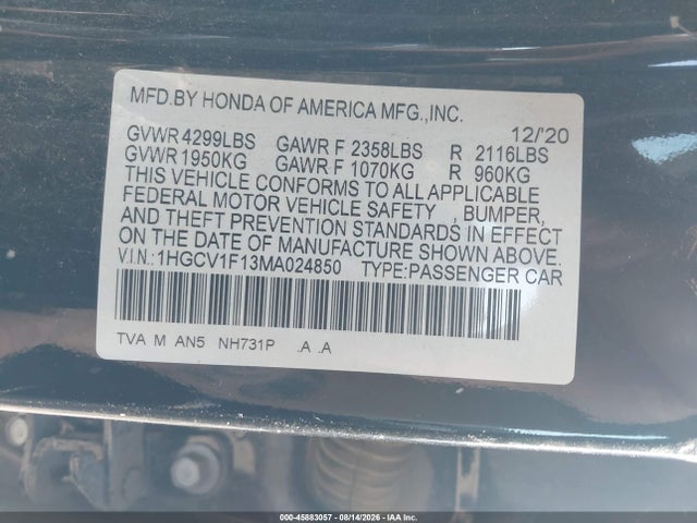 45883057 :رقم المزاد ، 1HGCV1F13MA024850 vin ، 2021 Honda Accord Lx مزاد بيع