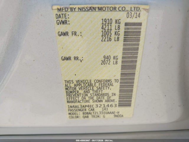 2014 Nissan Altima 2.5 Sv მანქანა იყიდება აუქციონზე, vin: 1N4AL3AP4EC321463, აუქციონის ნომერი: 45883067