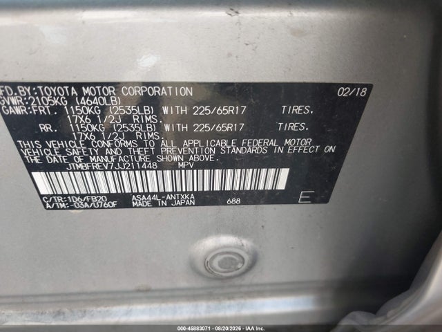 Продаж на аукціоні авто 2018 Toyota Rav4 Le, vin: JTMBFREV7JJ211448, номер лоту: 45883071