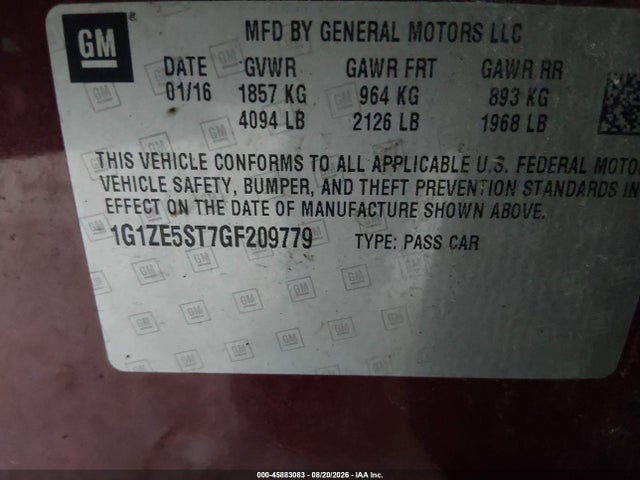 45883083 :رقم المزاد ، 1G1ZE5ST7GF209779 vin ، 2016 Chevrolet Malibu 1lt مزاد بيع