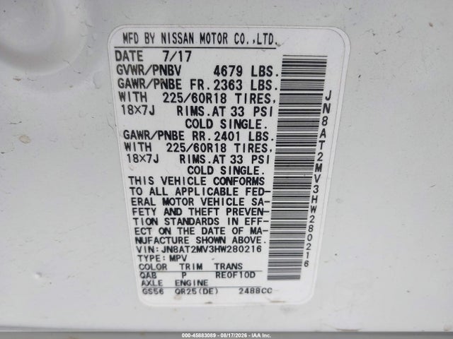 Продажа на аукционе авто 2017 Nissan Rogue Sl, vin: JN8AT2MV3HW280216, номер лота: 45883089