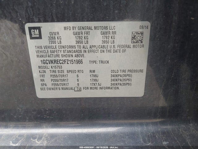 Aukcja sprzedaży 2015 Chevrolet Silverado 1500 Lt, vin: 1GCVKREC2FZ151966, numer aukcji: 45883091