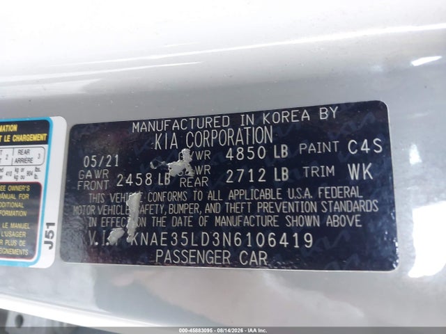 45883095 :رقم المزاد ، KNAE35LD3N6106419 vin ، 2022 Kia Stinger Gt-line مزاد بيع