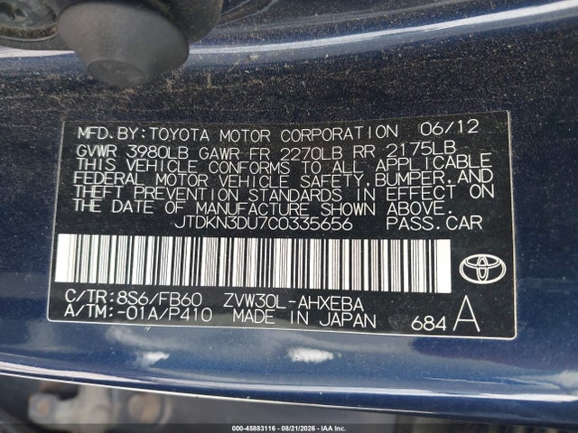 Продаж на аукціоні авто 2012 Toyota Prius Three, vin: JTDKN3DU7C0335656, номер лоту: 45883116