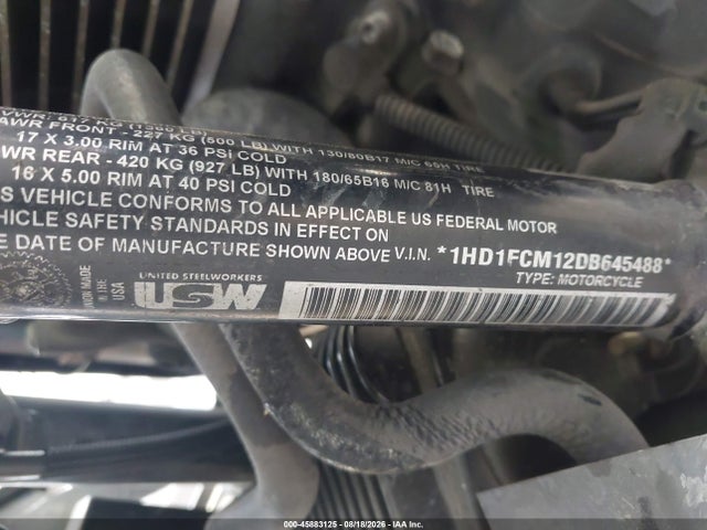 45883125 :رقم المزاد ، 1HD1FCM12DB645488 vin ، 2013 Harley-davidson Flhtcu Ultra Classic Electra Gld مزاد بيع