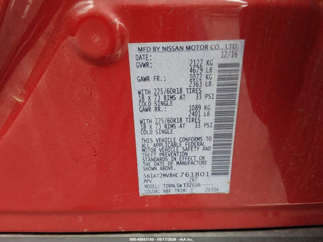 Продаж на аукціоні авто 2017 Nissan Rogue Sl, vin: 5N1AT2MV8HC761801, номер лоту: 45883150
