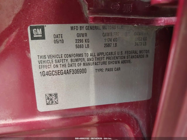 45883152 :رقم المزاد ، 1G4GC5EG4AF306900 vin ، 2010 Buick Lacrosse Cxl مزاد بيع