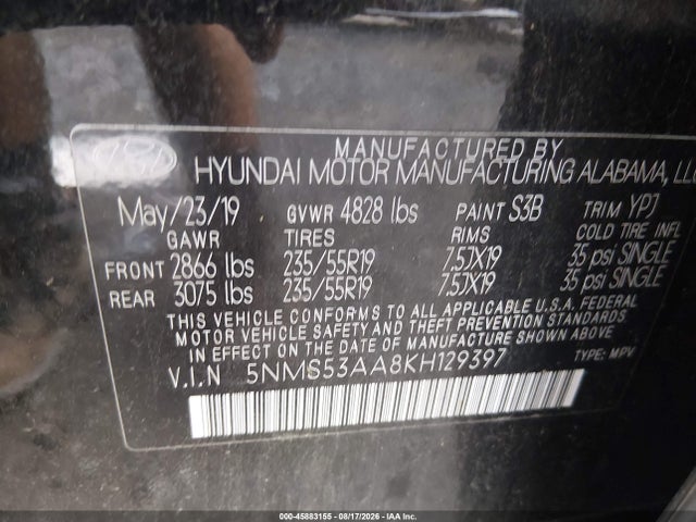 Aukcja sprzedaży 2019 Hyundai Santa Fe Limited 2.0t, vin: 5NMS53AA8KH129397, numer aukcji: 45883155