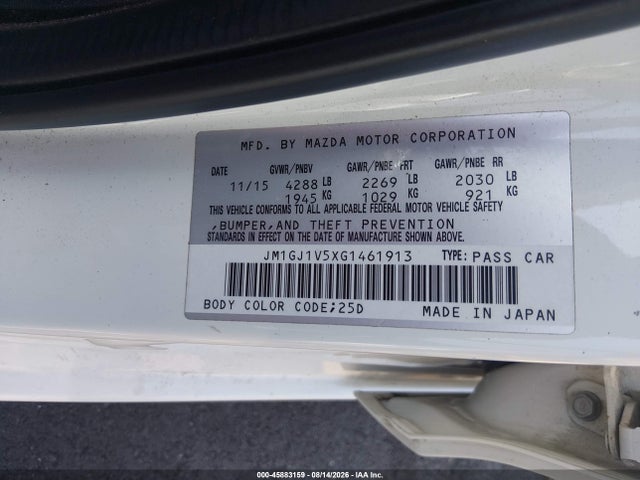 Aukcja sprzedaży 2016 Mazda Mazda6 I Touring, vin: JM1GJ1V5XG1461913, numer aukcji: 45883159